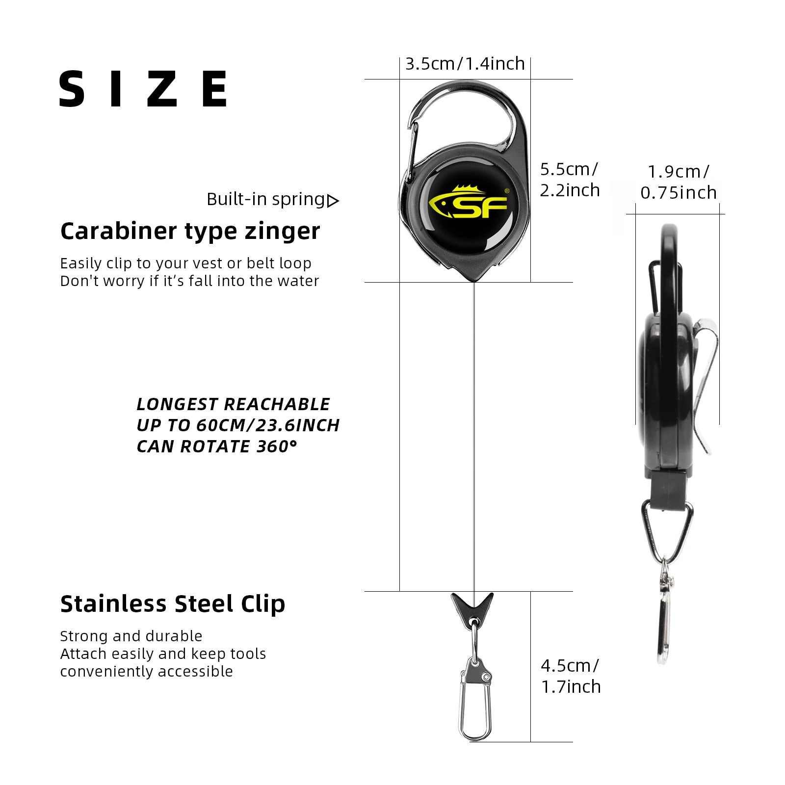 SF fly fishing zinger size chart showing dimensions, 60cm retractable stainless clip, and 360-degree rotation design