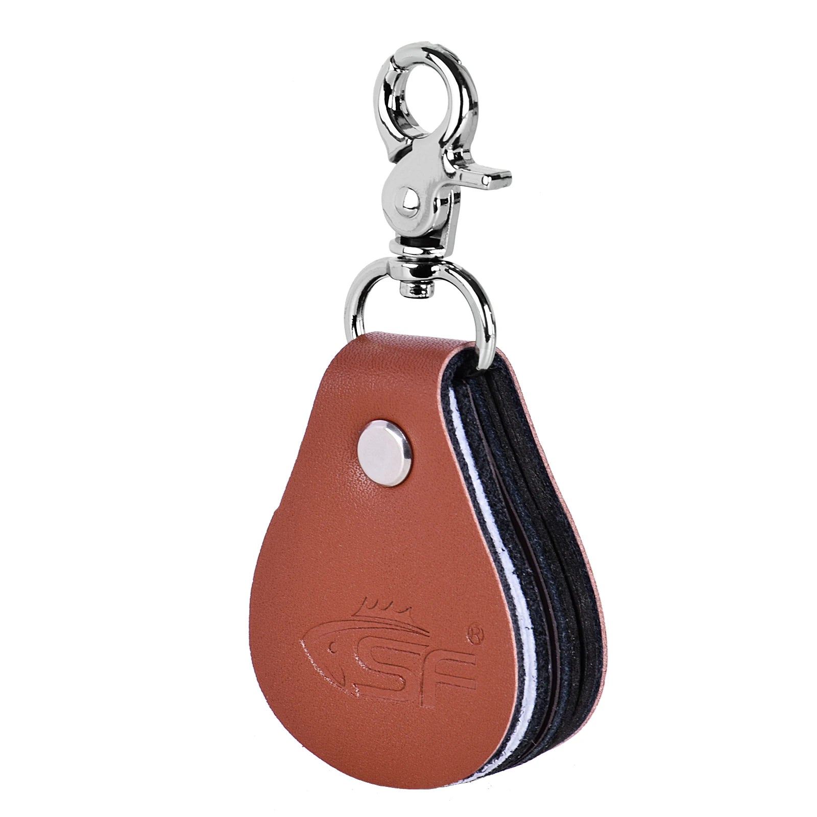 Back view of SF leather-coated fly fishing leader straightener showing EVA grip and durable construction