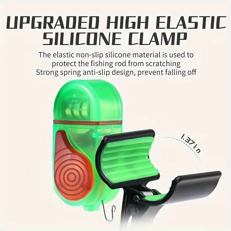 Fishing bite alarm with elastic silicone clip for rod mounting