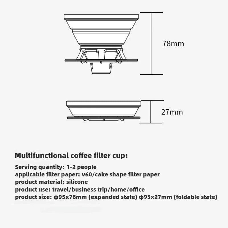 Technical size diagram of collapsible silicone coffee dripper showing height, width, and foldable design