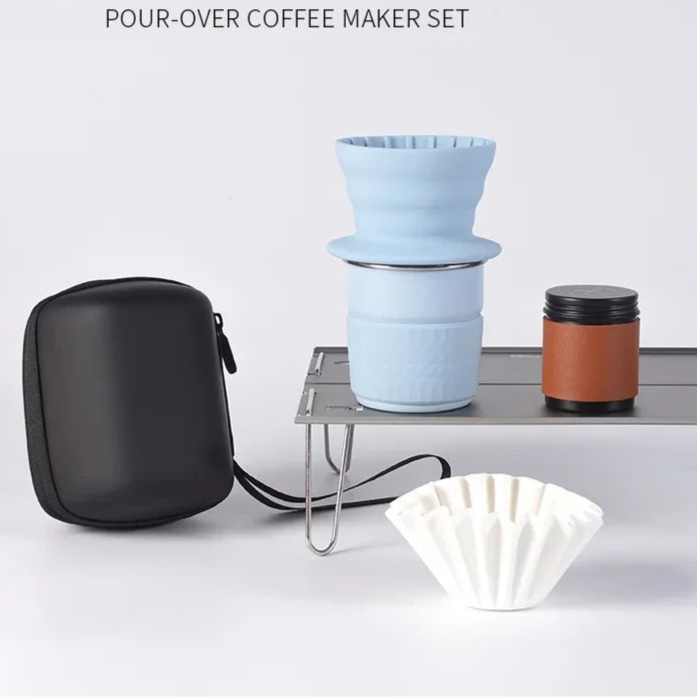 Blue silicone dripper coffee set with stainless steel cup and travel case for brewing anywhere
