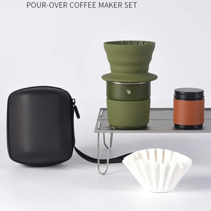 Green silicone dripper coffee set with stainless steel cup and compact carry case for travel brewing