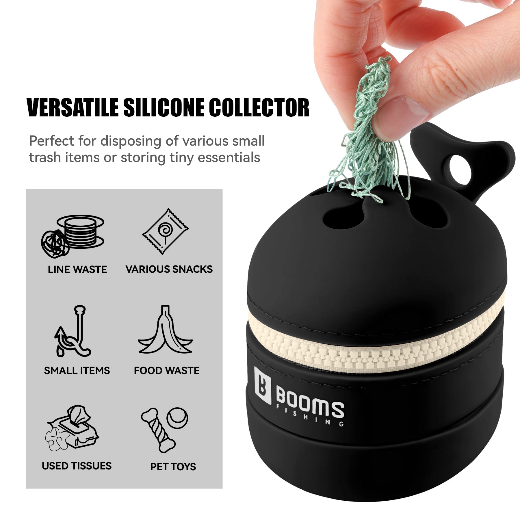 Silicone fishing line collector showing line insertion