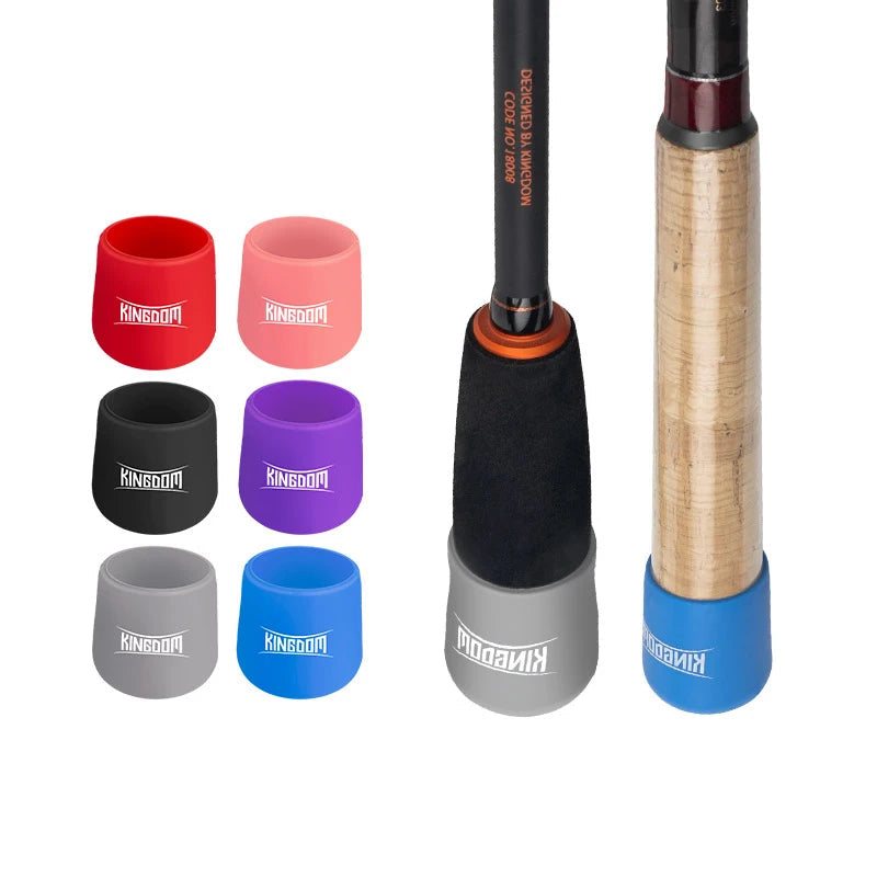 Assorted silicone rod butt caps in multiple colours protecting fishing rod handles from damage