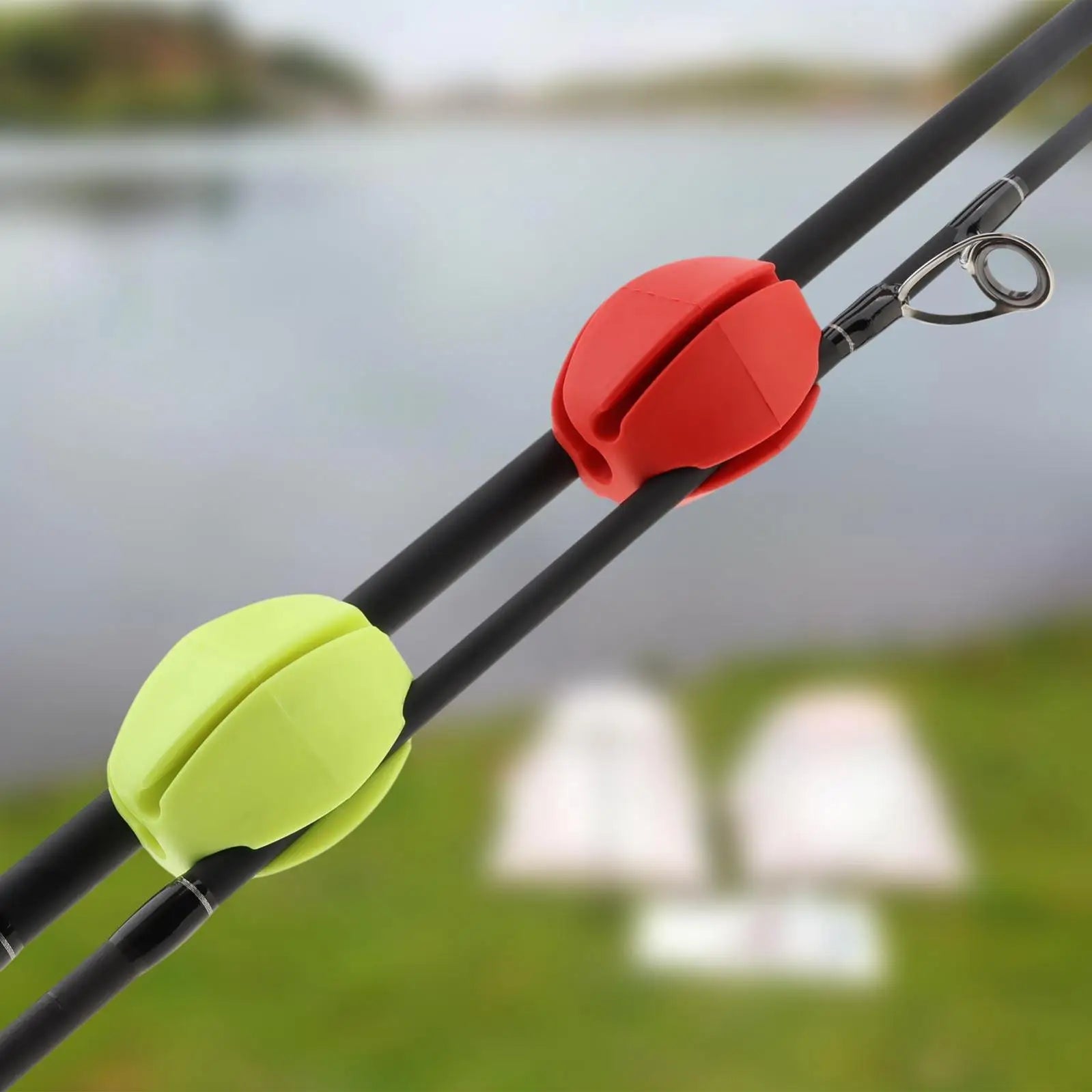 Silicone rod clips attached to fishing rods securing lines neatly during transport or storage