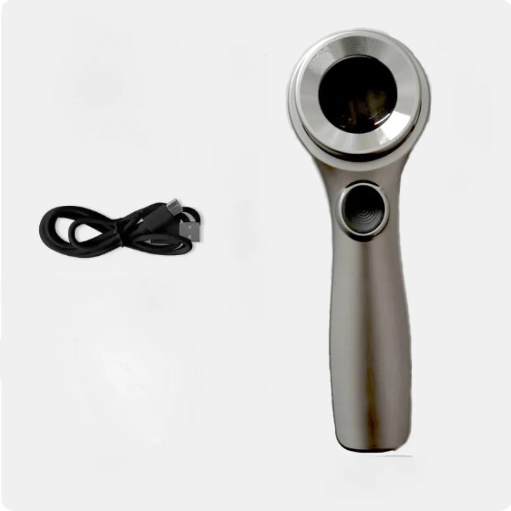 Silver handheld magnifier with LED ring light and USB cable for recharging and detailed inspection work