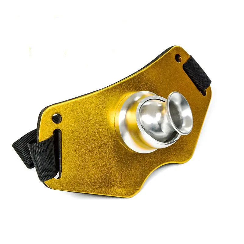 Front view of silver aluminium rod holder belt with rotatable cup and black side straps