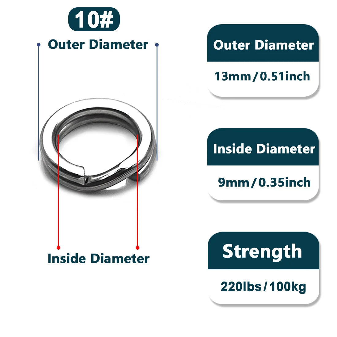 Size 10 heavy duty fishing split ring with strength rating