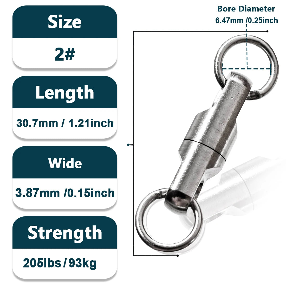 Size 2 ball bearing fishing swivel with strength and length details