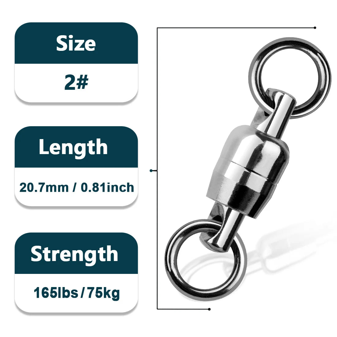 Size 2 ball bearing fishing swivel with measurement guide