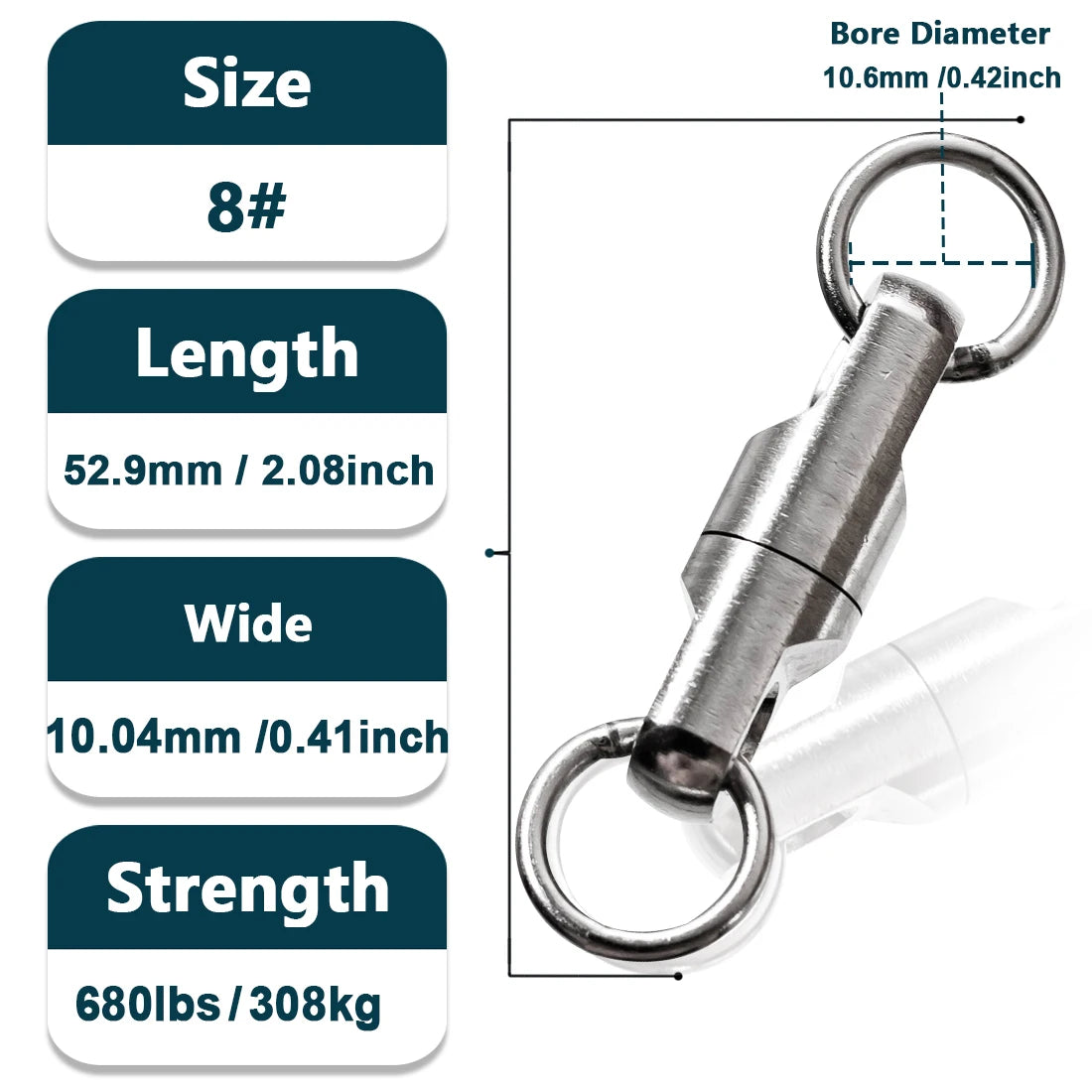 Size 8 large ball bearing fishing swivel with strength rating