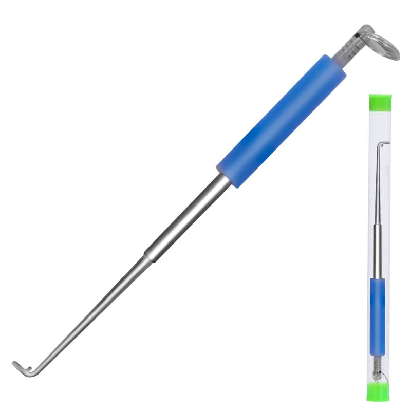 Slim stainless steel fish hook remover tool with blue grip handle