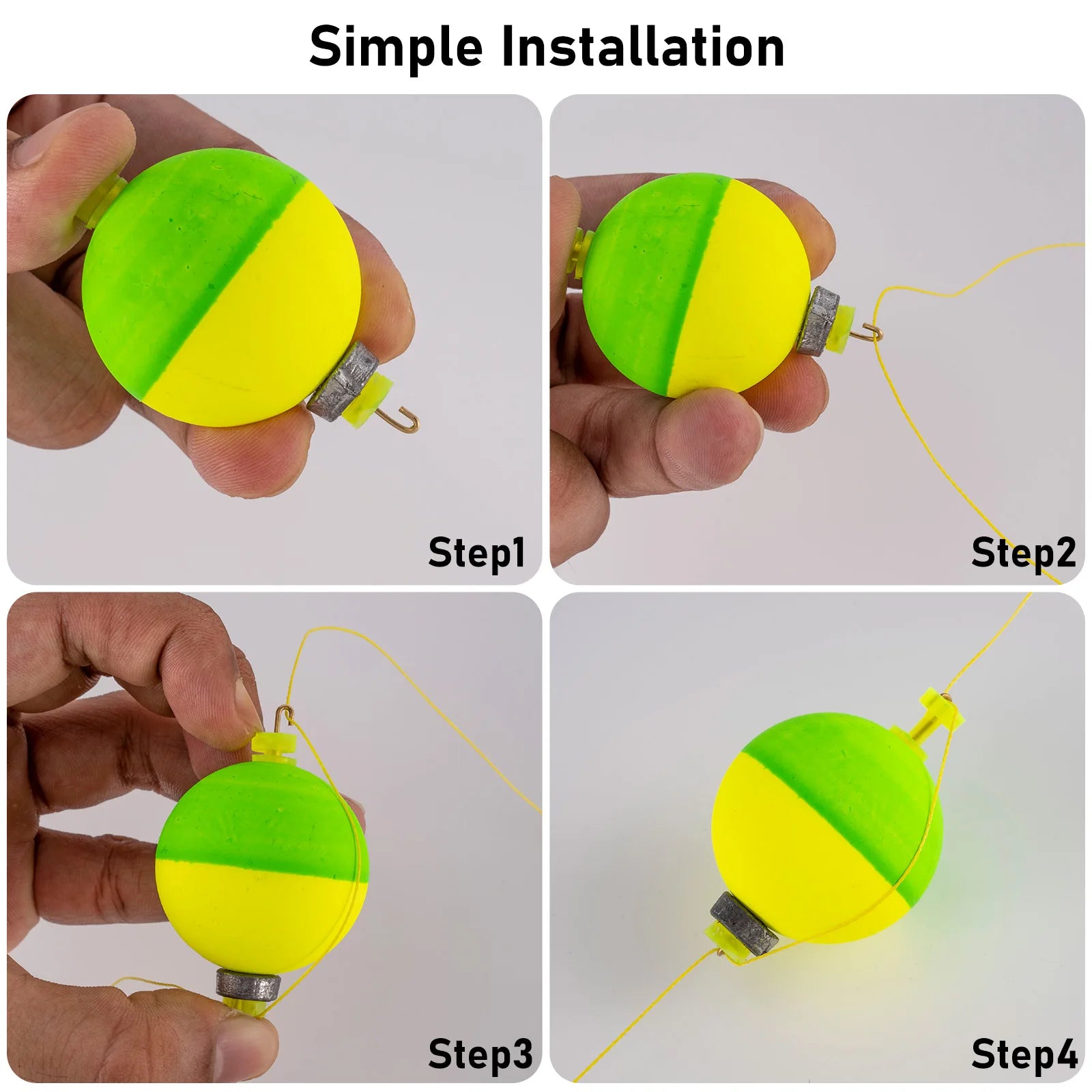 Step-by-step guide showing how to attach snap-on fishing bobber to line