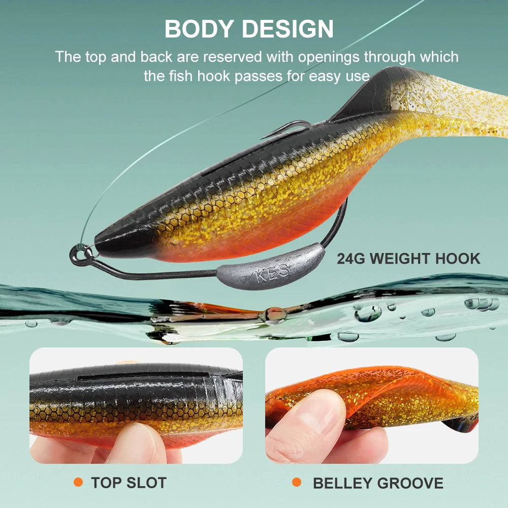 Soft plastic grub lure shown with body and tail design diagram