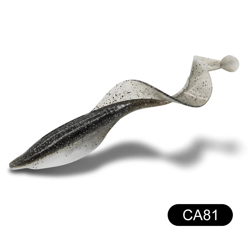 Soft plastic grub fishing lure shown in light grey colour variant