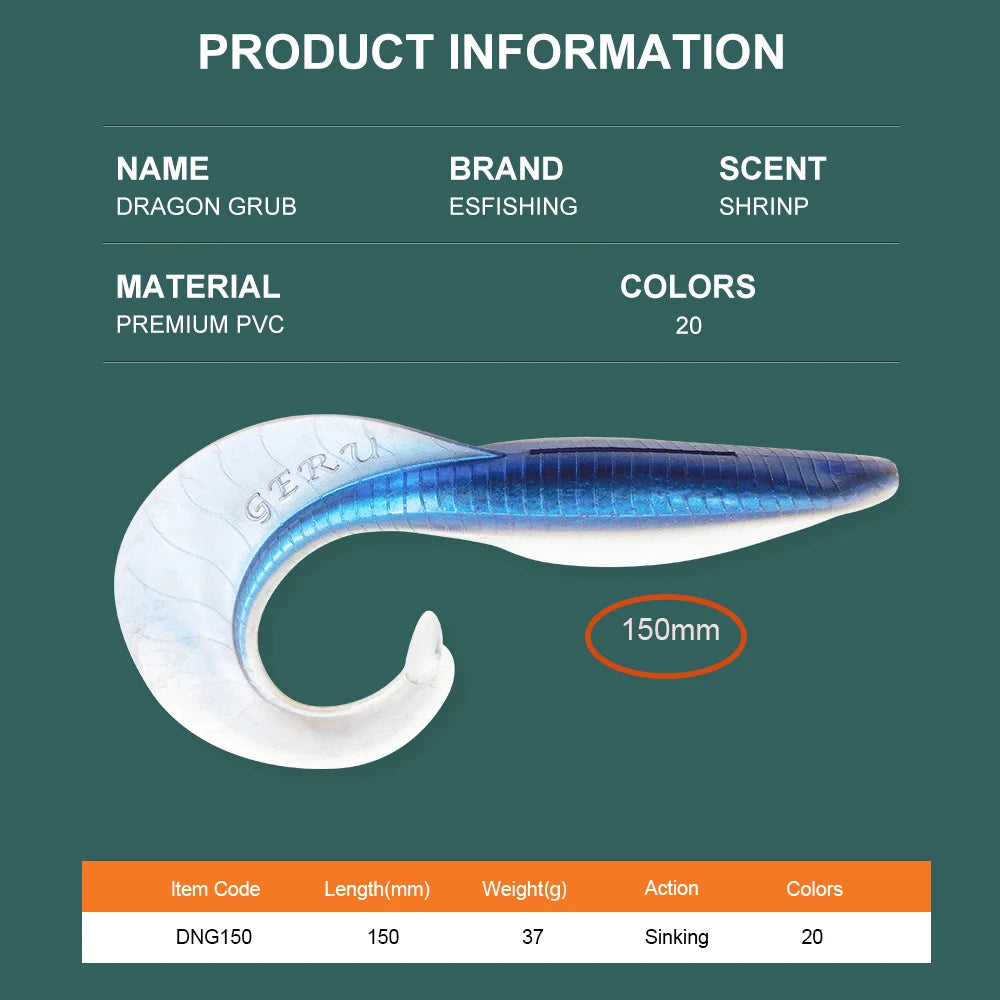 Soft plastic grub lure shown with product information and specifications