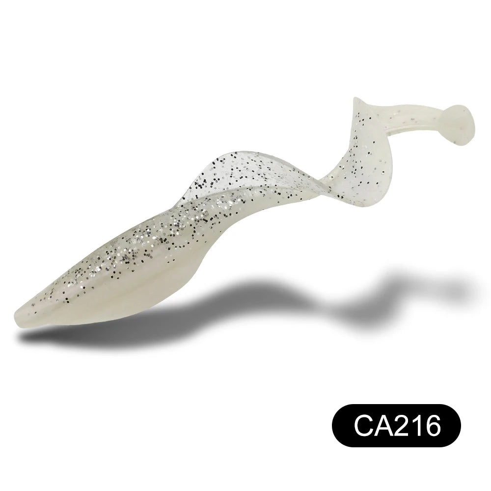 Soft plastic grub fishing lure shown in speckled light colour variant