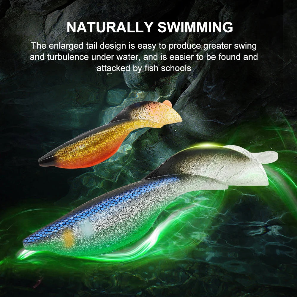 Soft plastic grub lure shown underwater with tail movement illustration