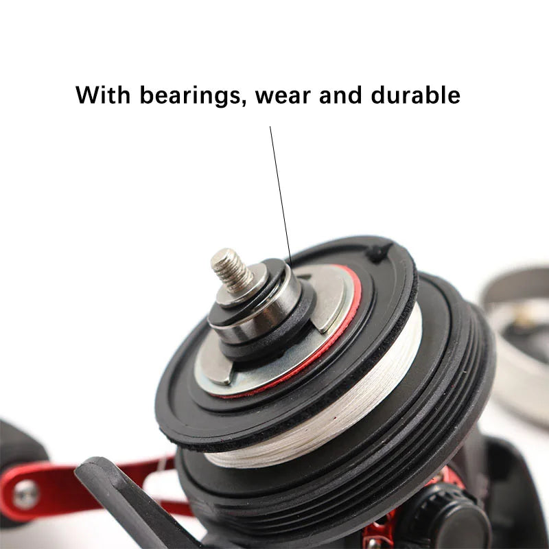 Close-up of BL30 spincast reel bearing and internal gear system showing durable wear-resistant stainless steel components