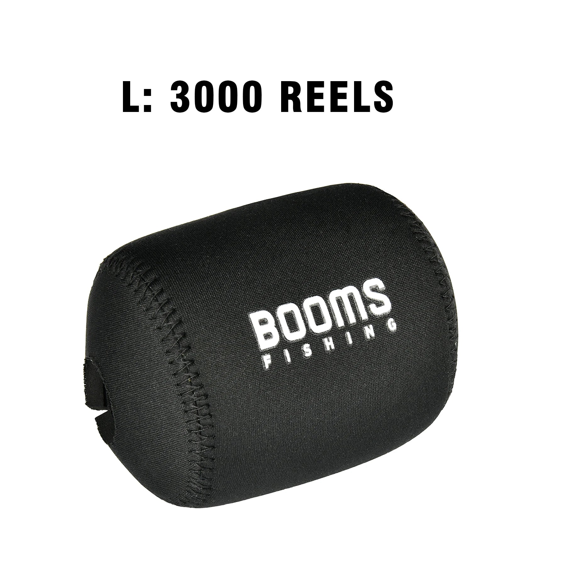 Black neoprene reel cover with the BOOMS FISHING brand logo, designed to protect baitcasting reels.