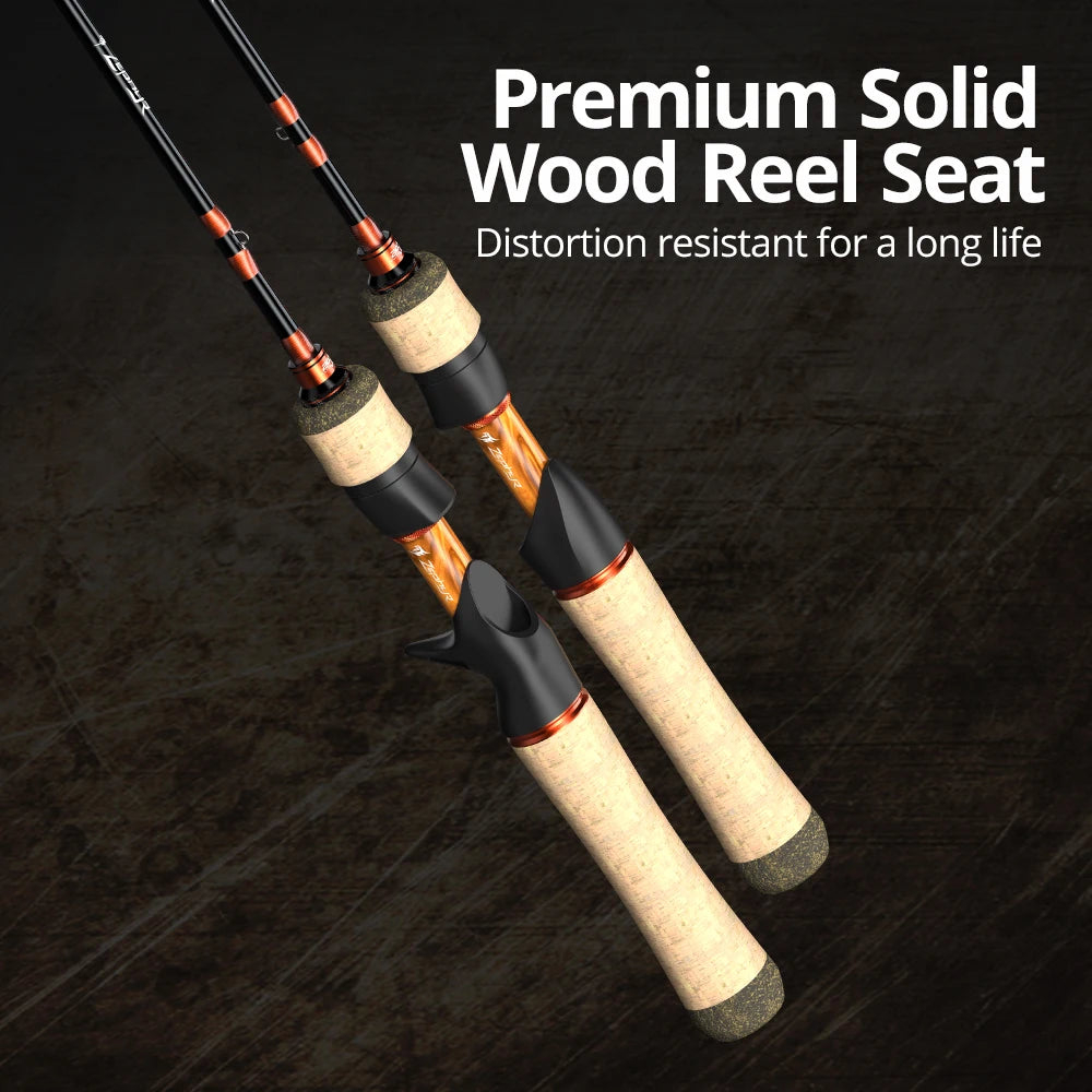 Spinning rod solid wood reel seat and cork grip detail