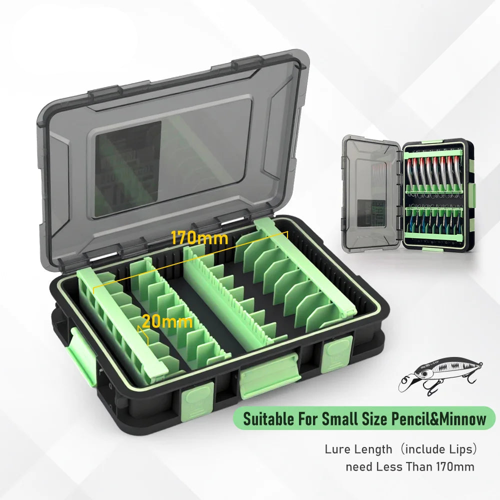 Open stackable lure storage box with green slot configuration