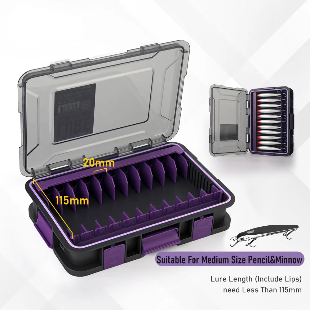 Open stackable lure storage box with purple slot configuration