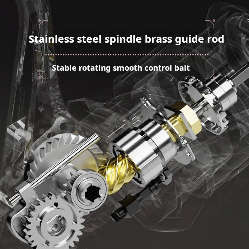Internal stainless steel and brass gear system of TLA spinning reel showing smooth drive components