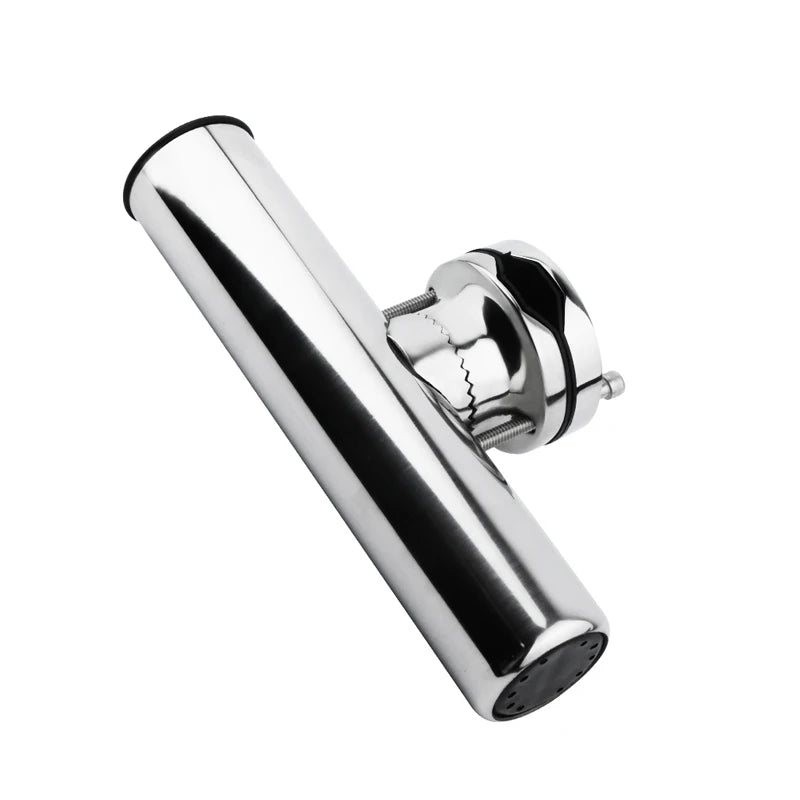 Side view of adjustable stainless steel clamp-on fishing rod holder with polished finish