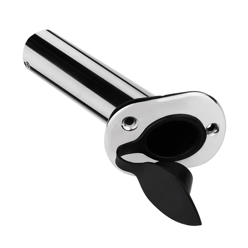 Close-up of stainless steel flush mount rod holder featuring black PVC cap for water protection