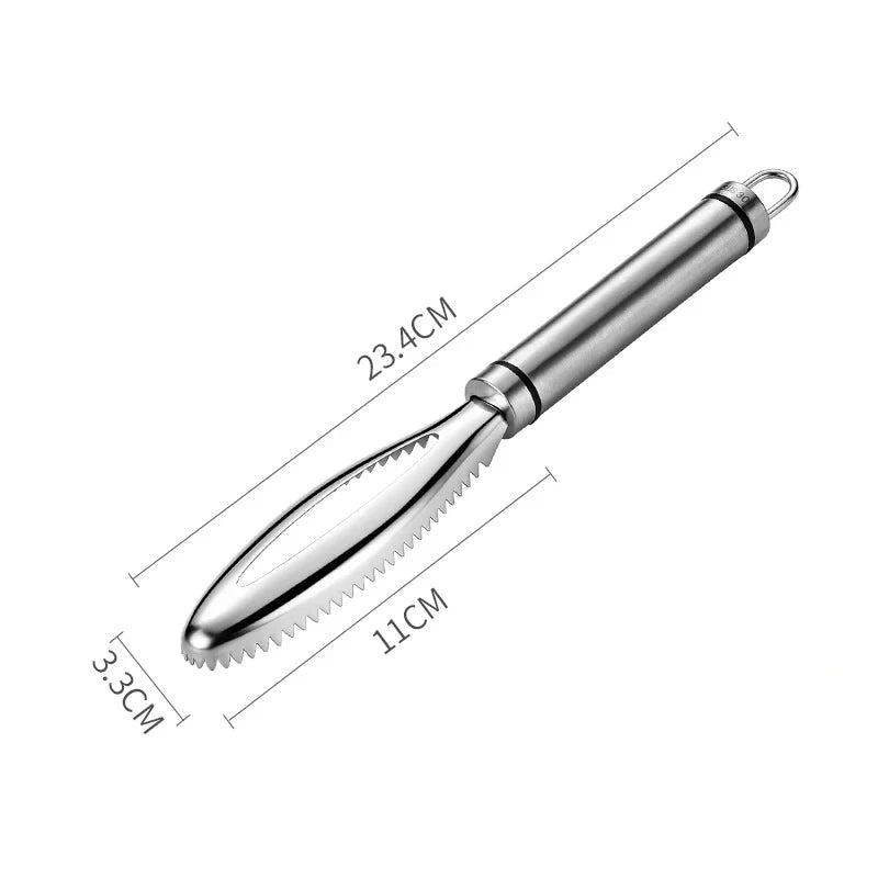 Stainless steel fish scaler with length measurement diagram