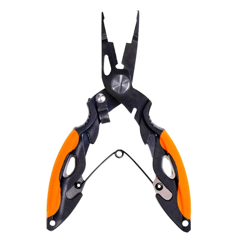 Stainless steel fishing pliers with orange grip handles
