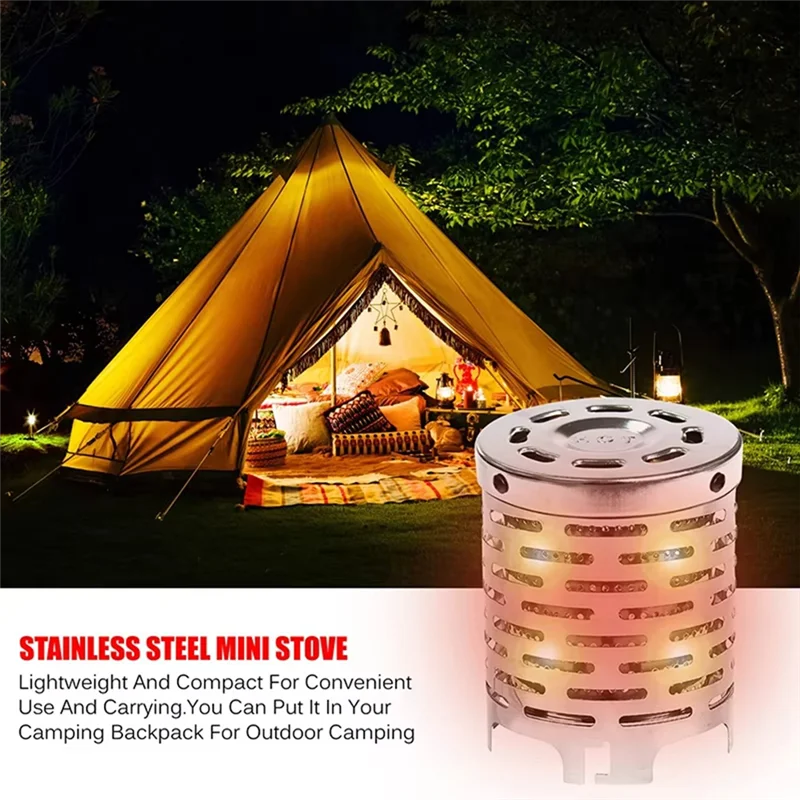 Stainless steel mini gas heater cover heating tent area at night during camping trip outdoors