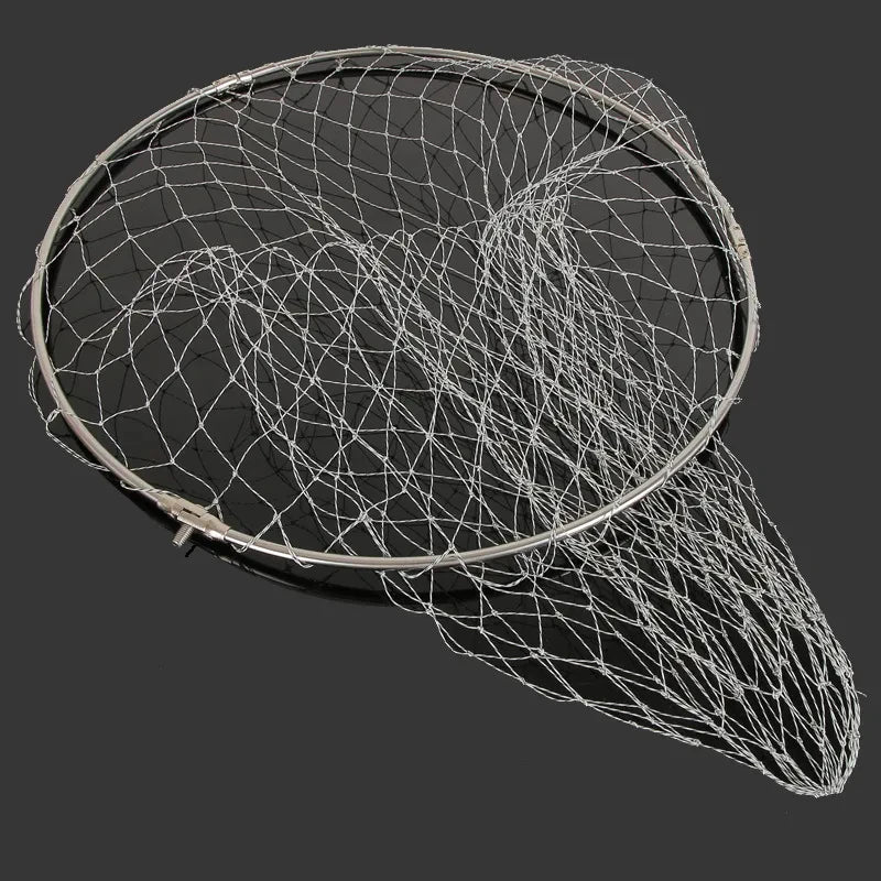 Stainless steel landing net ring shown open with net attached