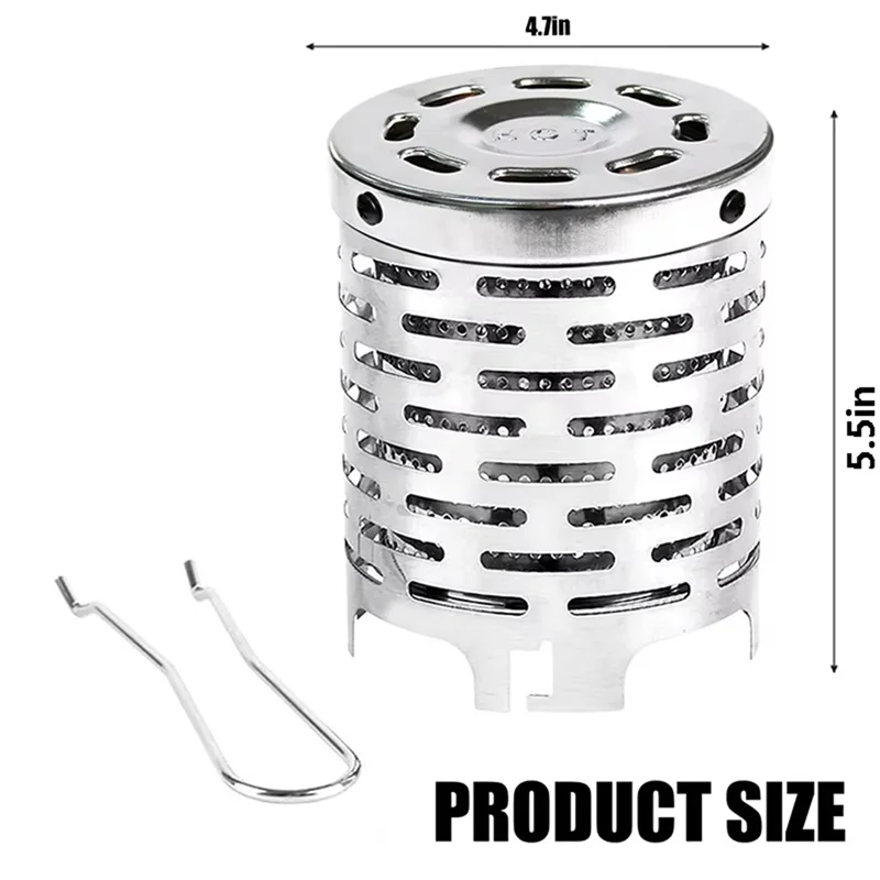 Stainless steel mini gas heater cover showing product dimensions, removable handle, and layered heat design