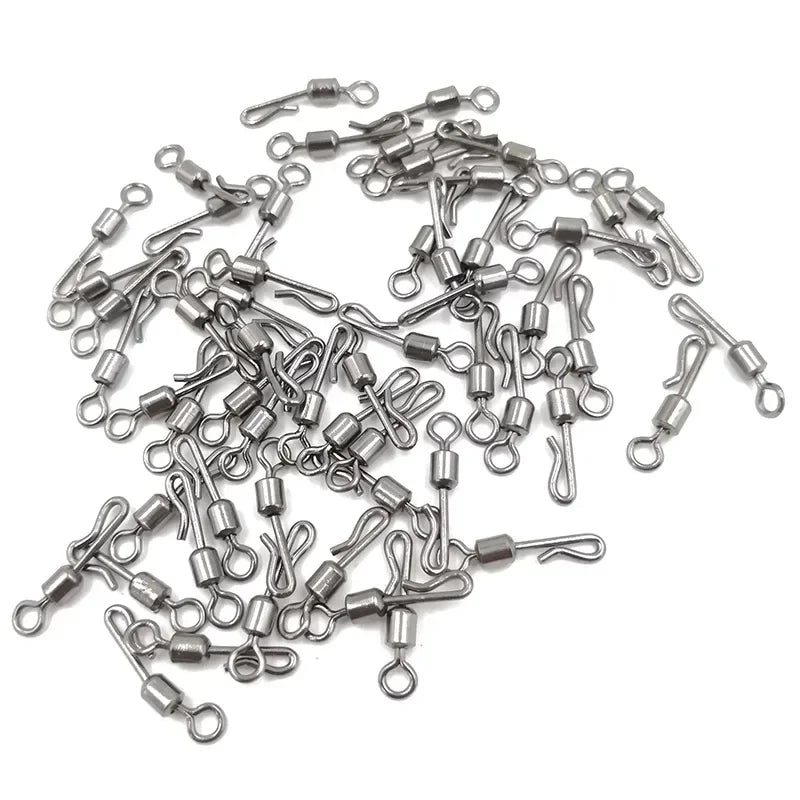 Bulk stainless steel rolling swivels with interlock snap connectors