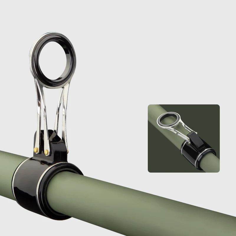 Surf fishing rod tip guide and metal ring close-up