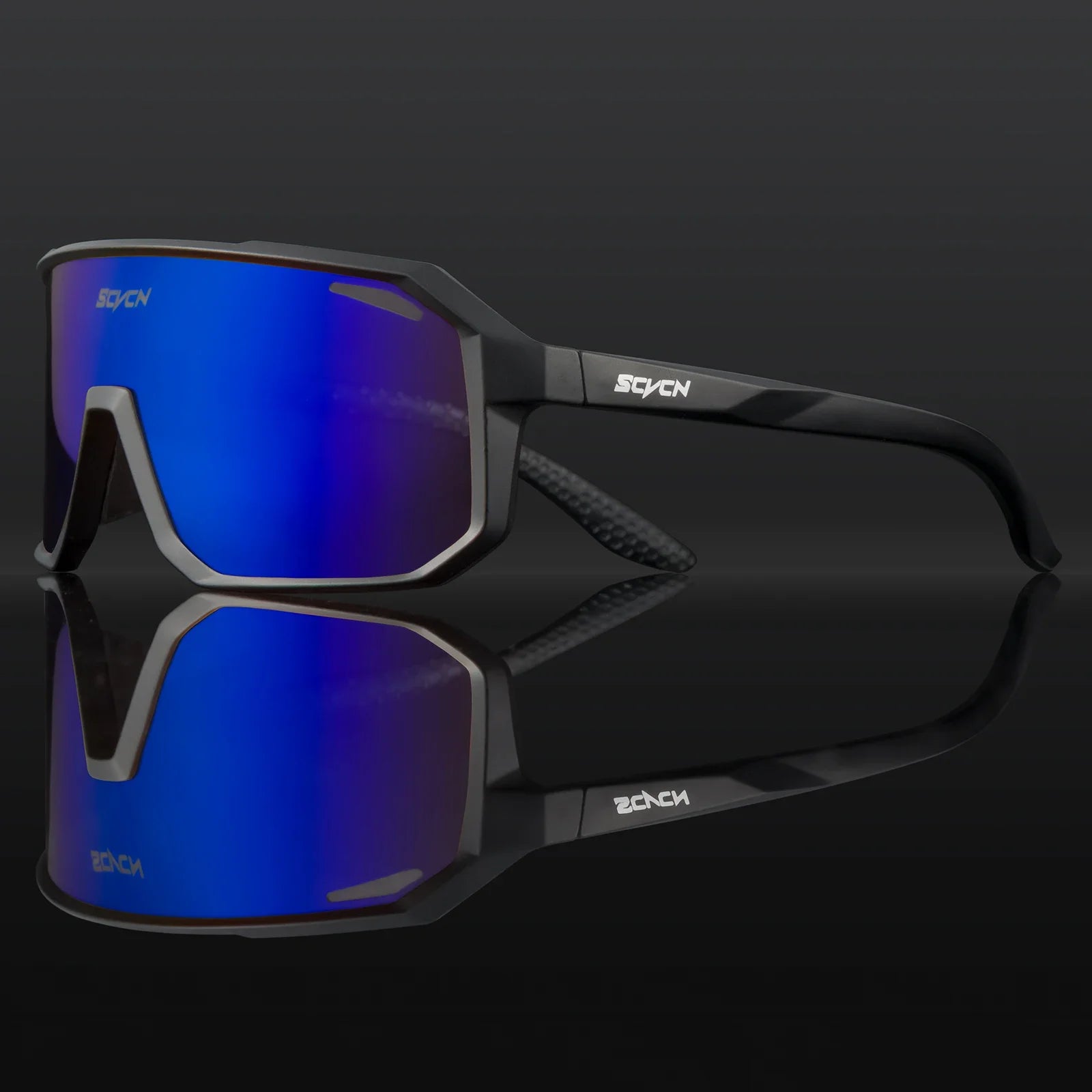 SVCVN black frame cycling sunglasses with blue mirror lens providing clear vision and UV protection