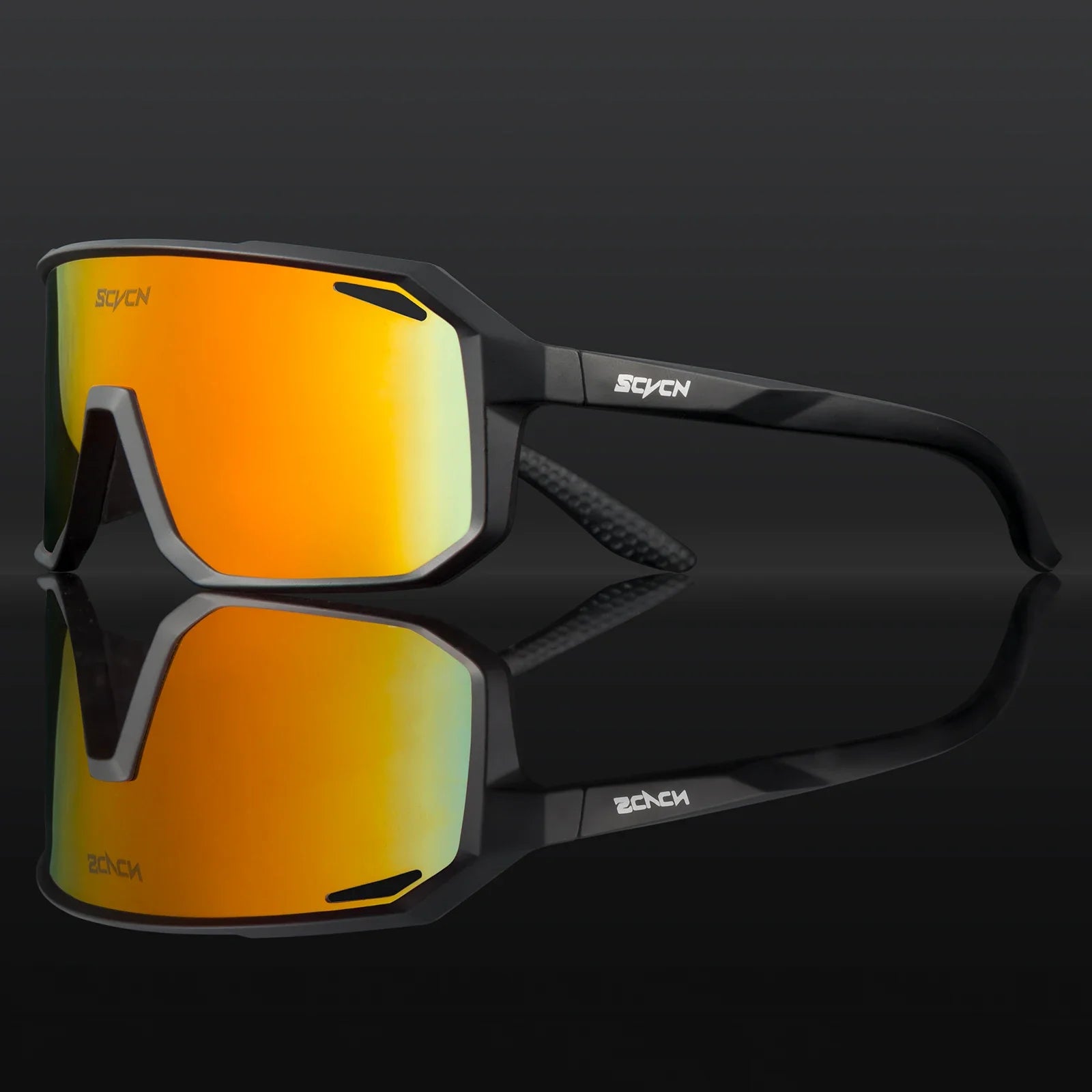SVCVN black cycling sunglasses with orange mirror UV400 lenses designed for high-contrast clarity
