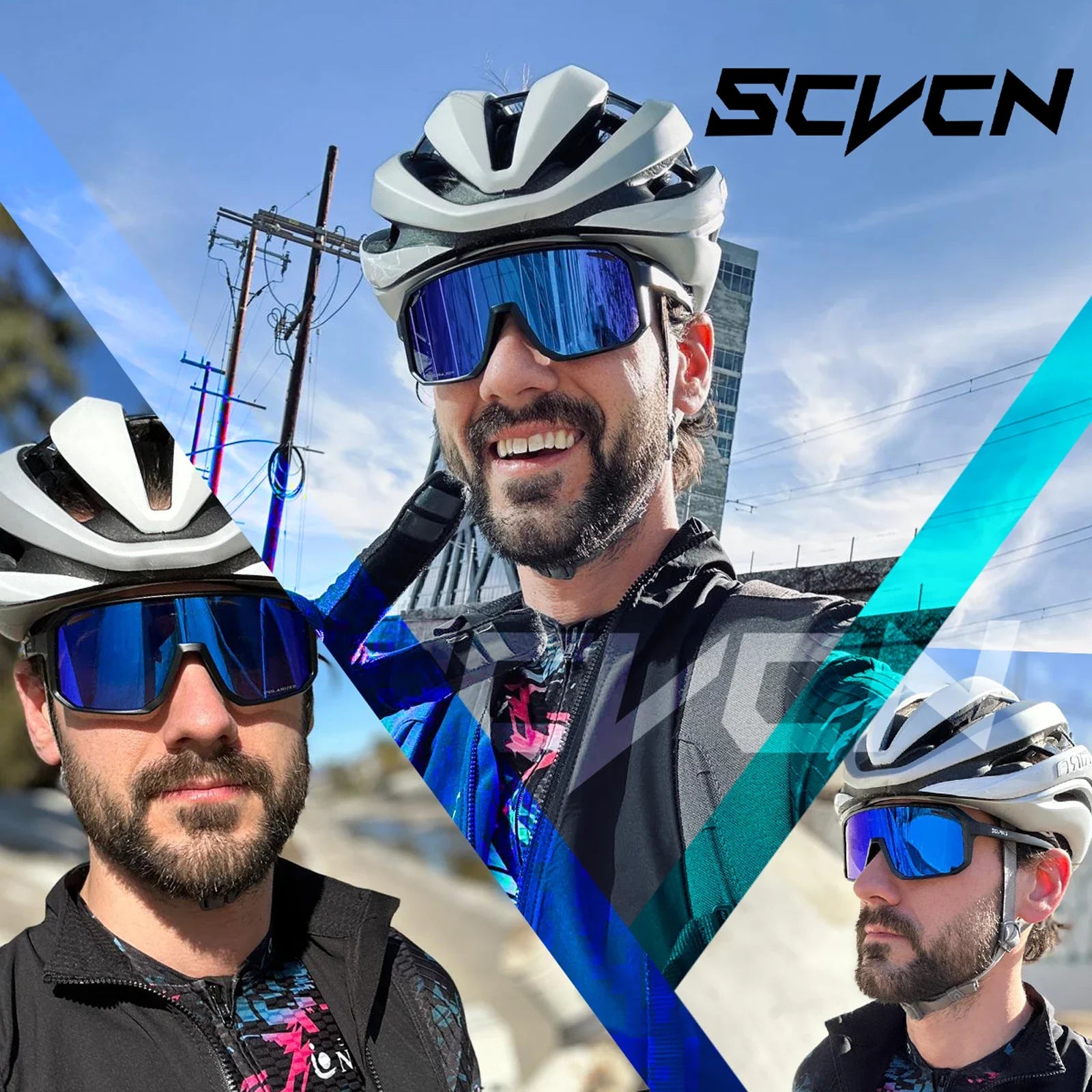 Cyclists wearing SVCVN photochromic UV400 sunglasses designed for outdoor riding and glare protection