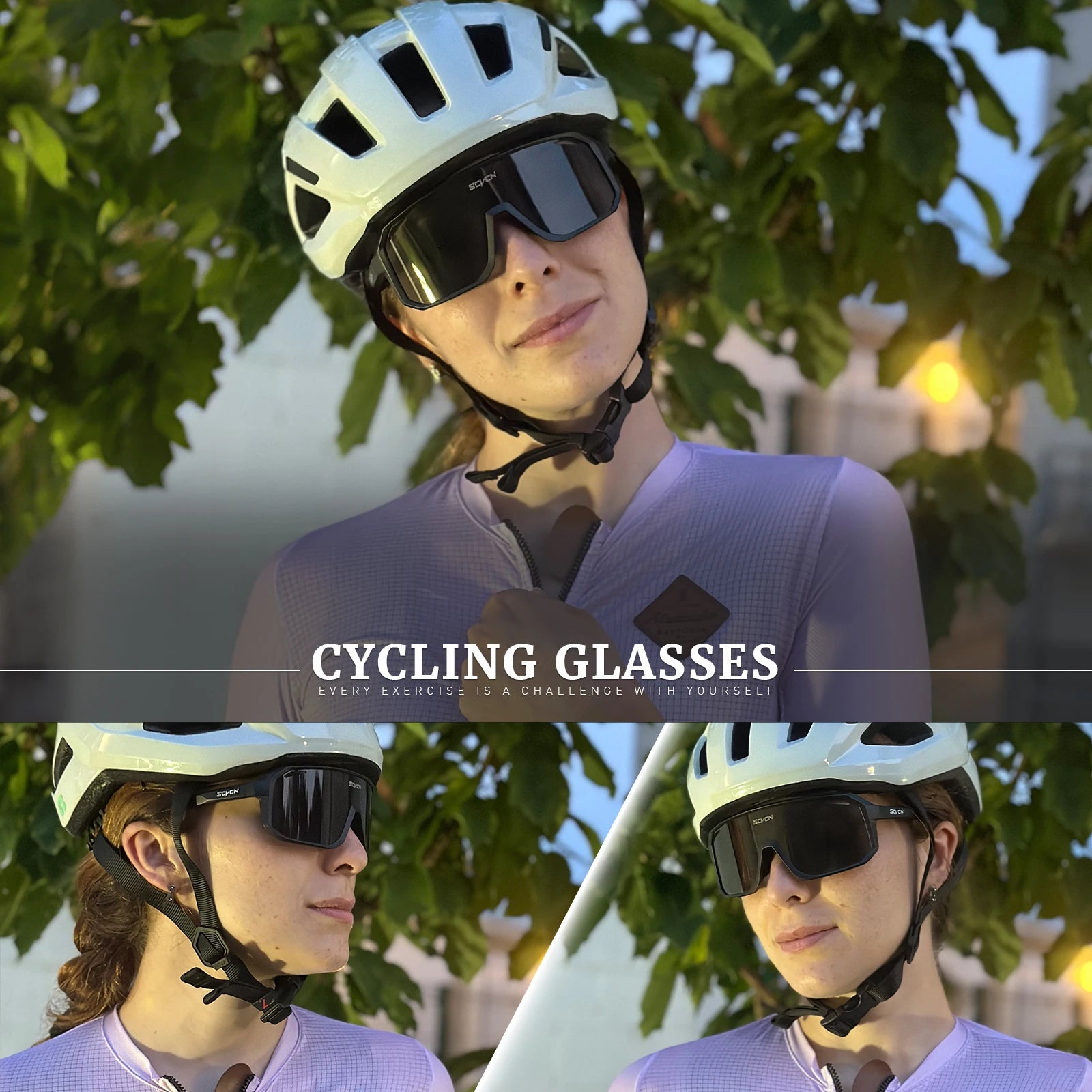 SVCVN cycling sunglasses with UV400 photochromic lenses shown in outdoor lifestyle setting