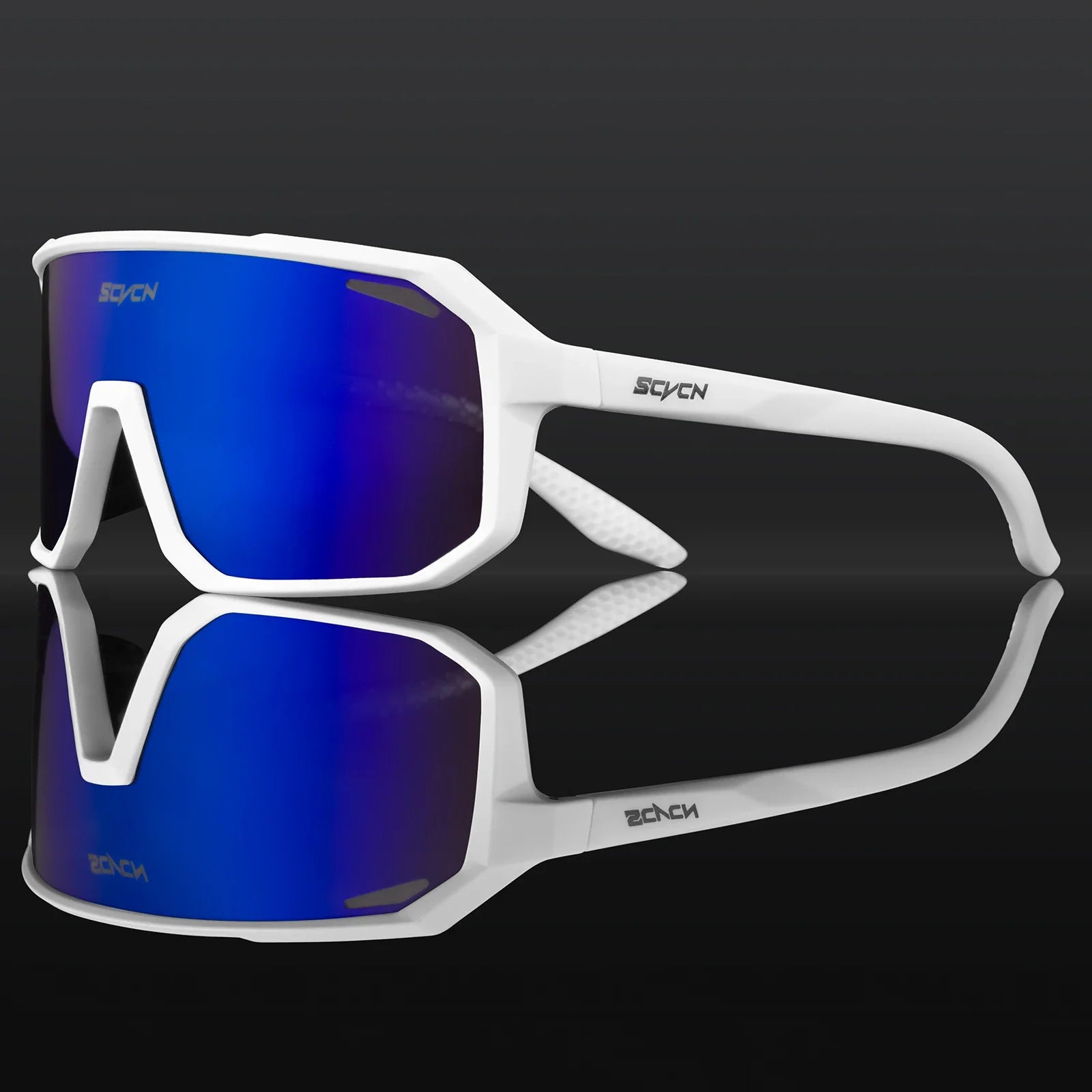SVCVN white cycling sunglasses with blue mirror lens offering clarity and UV400 protection for outdoor sport
