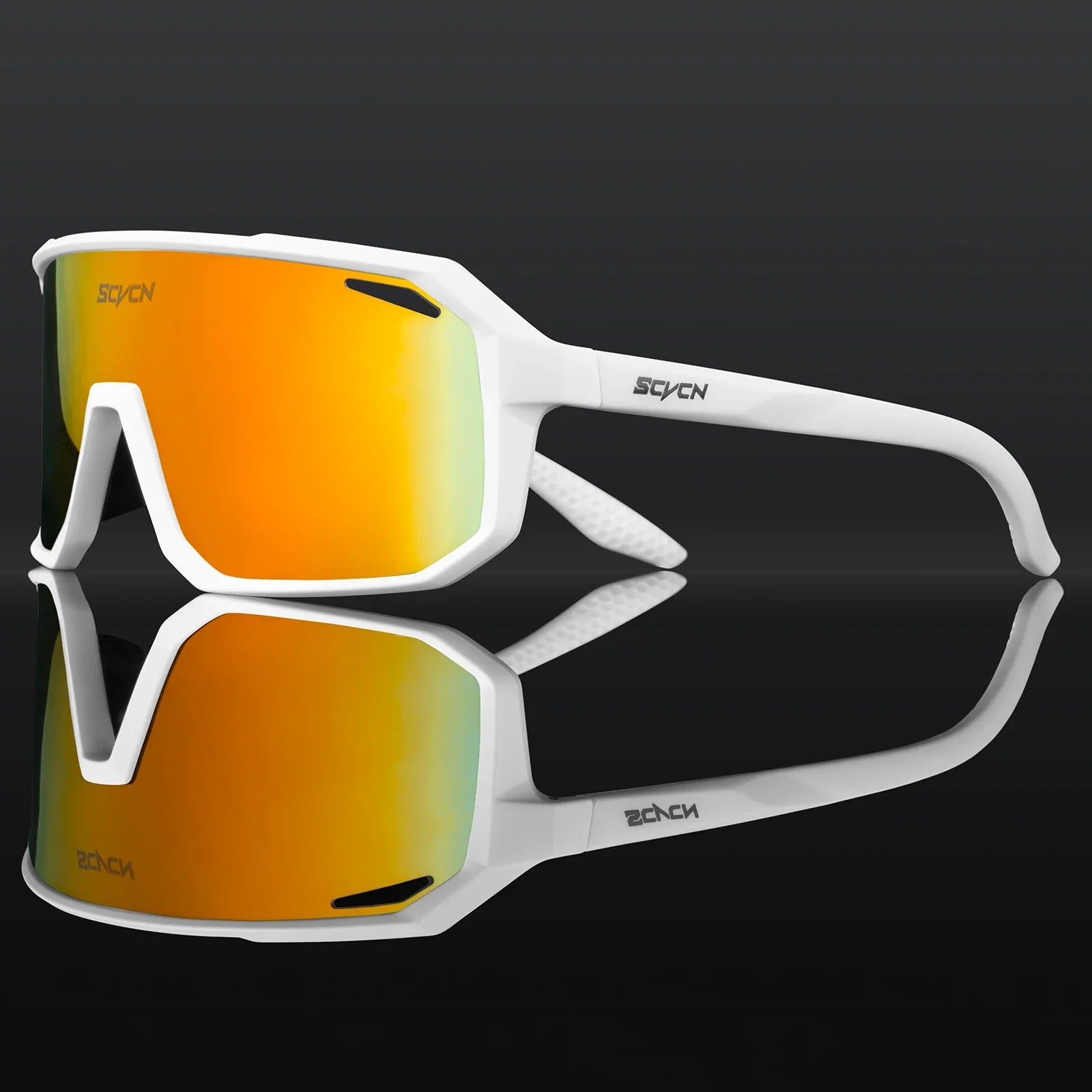 SVCVN white frame cycling sunglasses with orange mirror UV400 lens ideal for bright road conditions