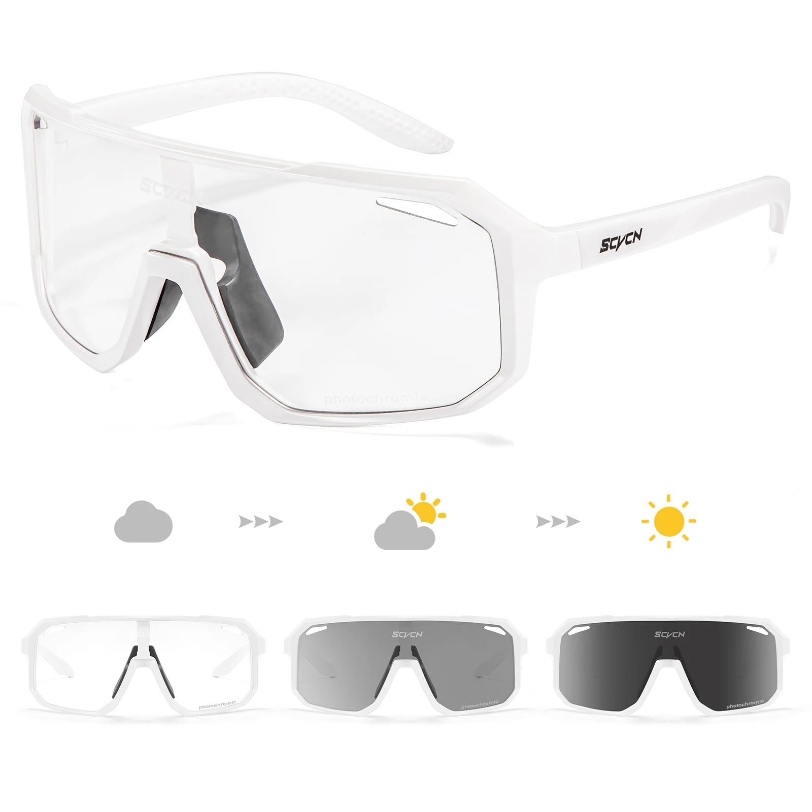 SVCVN white frame cycling sunglasses with photochromic UV400 lens adapting to changing light conditions