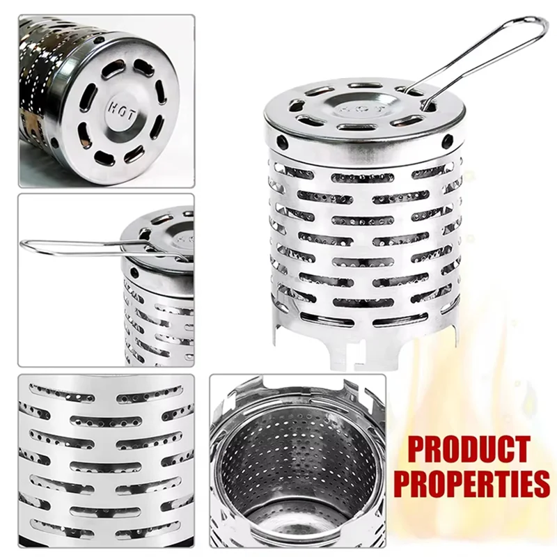 Stainless steel mini gas heater cover showing product dimensions, removable handle, and layered heat design