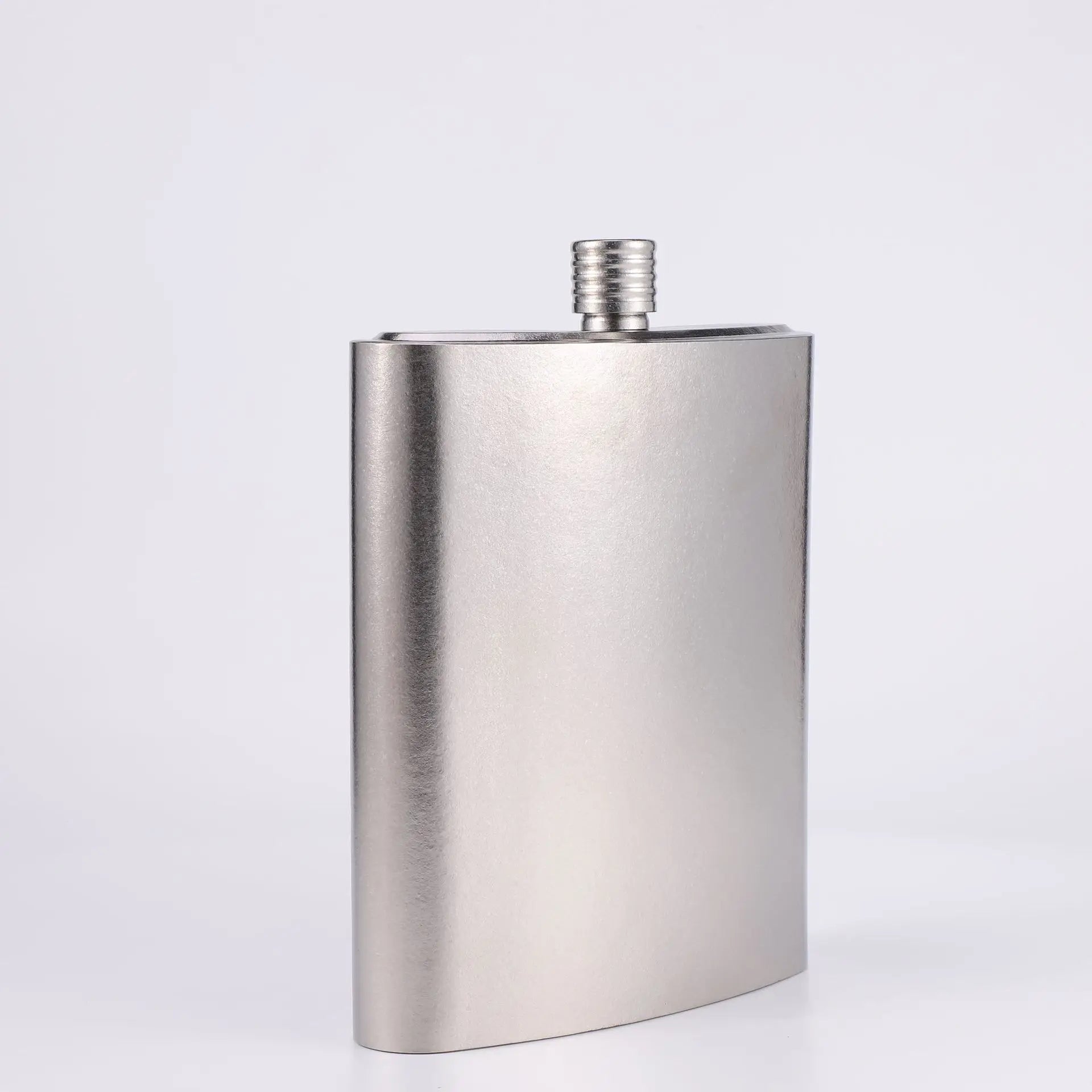 Tall titanium hip flask standing upright front view