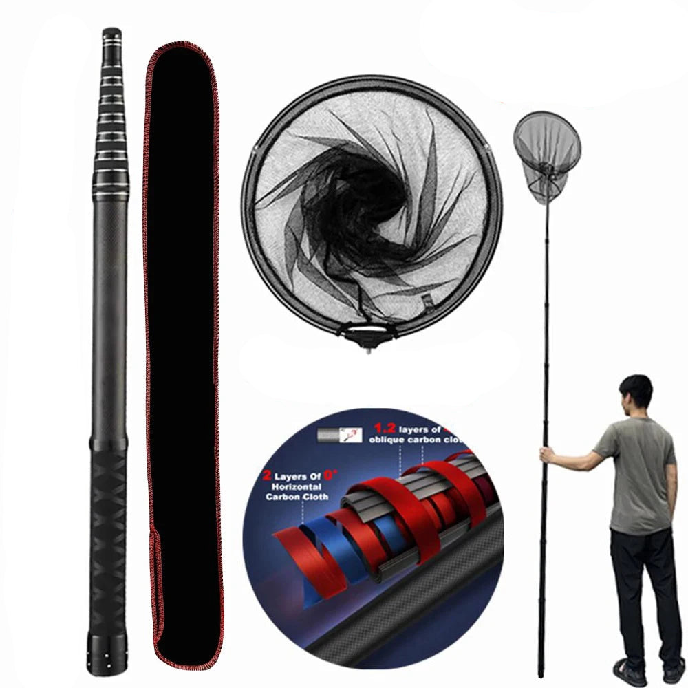 Telescopic carbon fibre fishing landing net fully extended with collapsible hoop