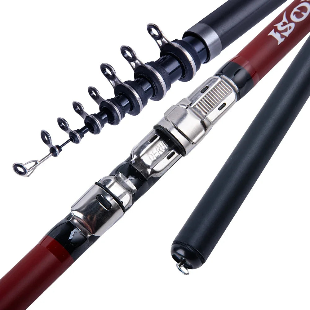 Telescopic carbon fibre spinning rod with extended guides and reel seat