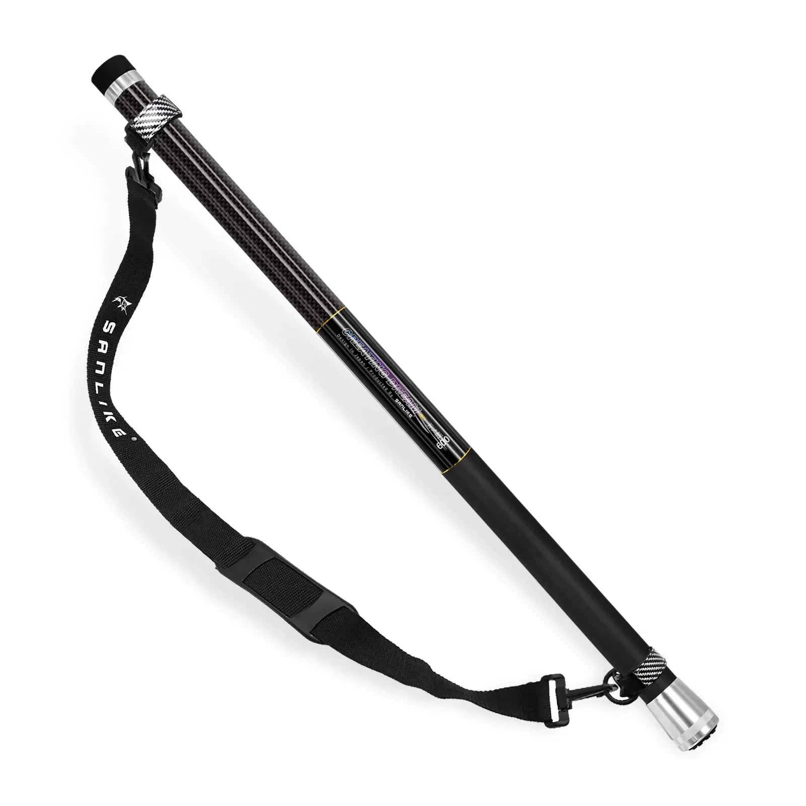 Telescopic carbon fibre landing net handle shown from angled view