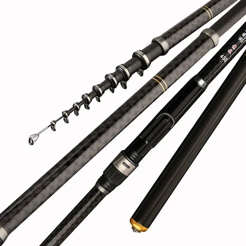 Telescopic carbon surf fishing rod with extended tip guides and reel seat